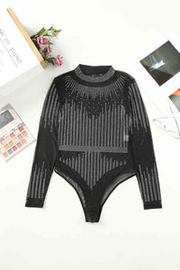 Thumbnail for Rhinestone Round Neck Long Sleeve Bodysuit - T - 1 COLOR -