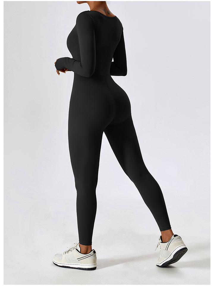 Square Neck Long Sleeve Sports Jumpsuit - T - 1 COLOR -