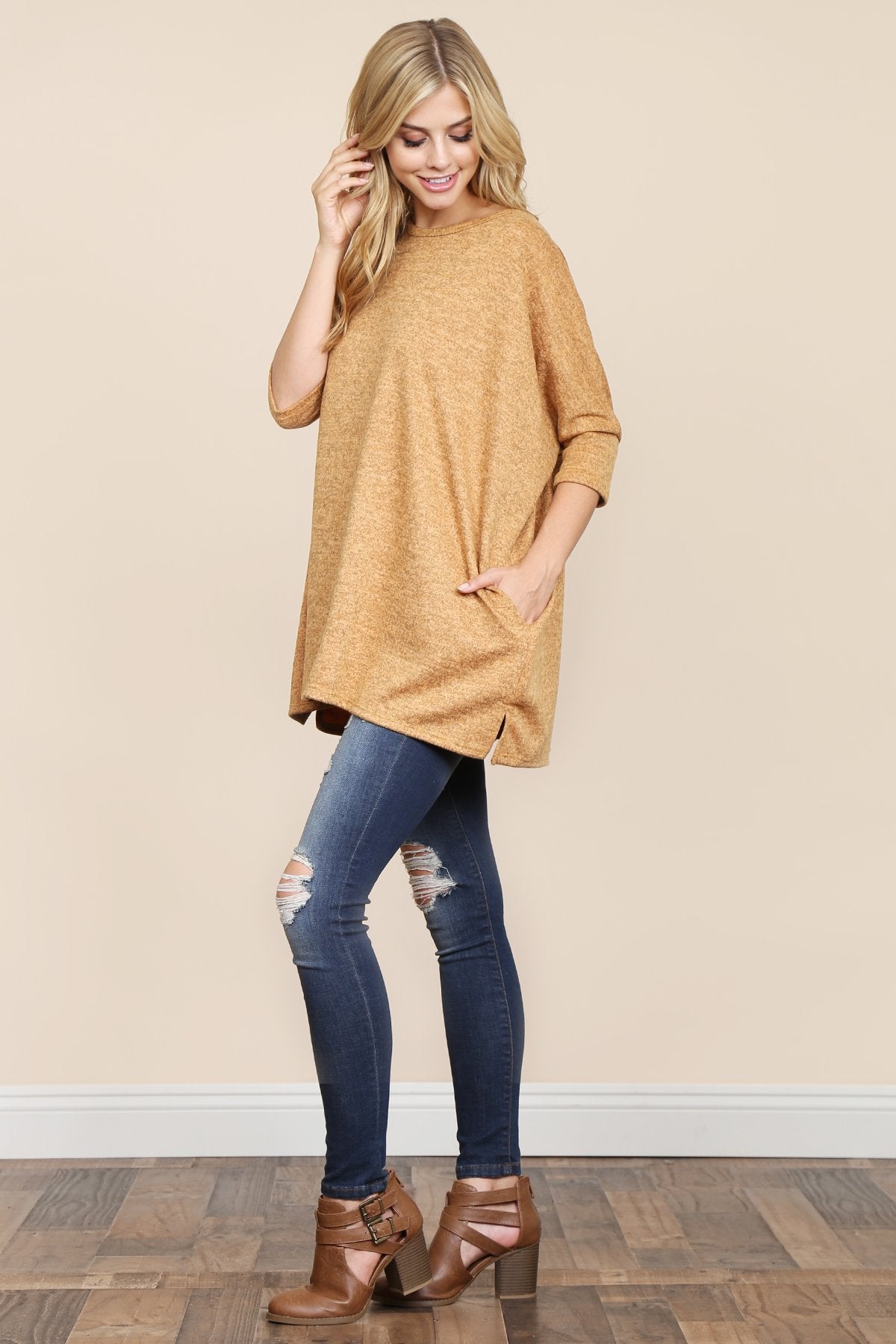 Riah Fashion - Two Tone Hacci Oversized Dropped Shoulder Pocket Tunic - 3 COLORS -