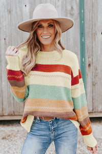 Thumbnail for Threaded Pear - Morgan Crew Neck Drop-Shoulder Striped Sweater - 1 COLOR -