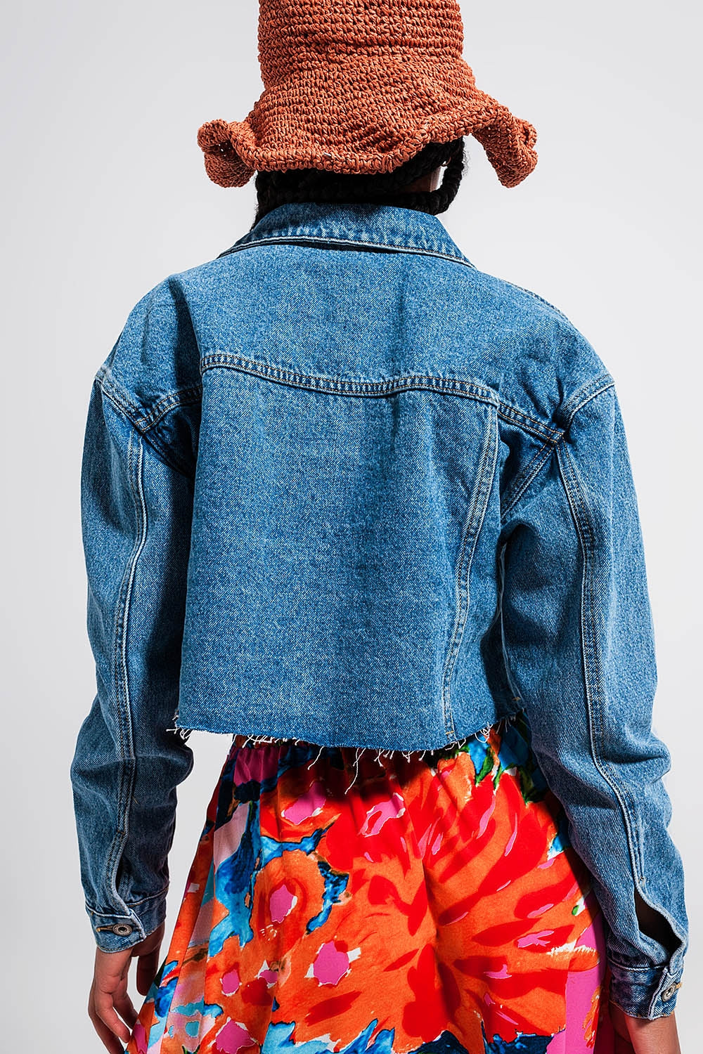 Q2 - Cropped Denim Jacket With Raw Hem in Mid Wash - 1 COLOR -