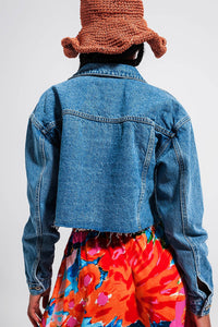 Thumbnail for Q2 - Cropped Denim Jacket With Raw Hem in Mid Wash - 1 COLOR -