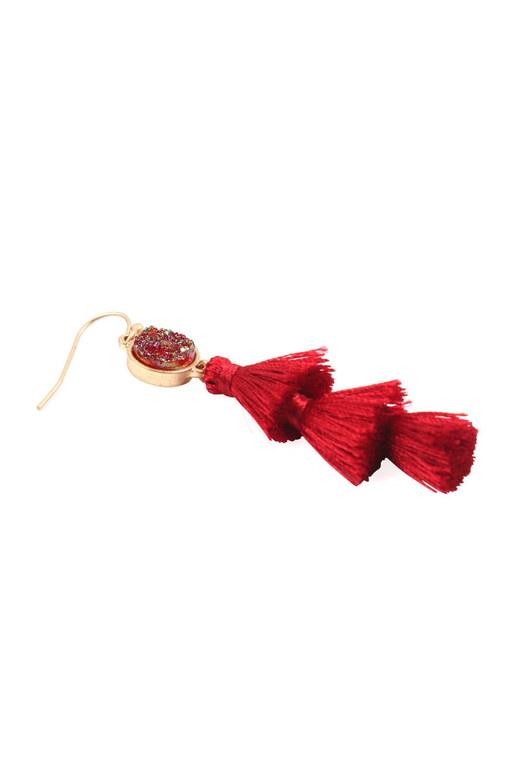 Faux Druzy With Triple Mini Layered Tassel Hook Earrings - 8 COLORS -