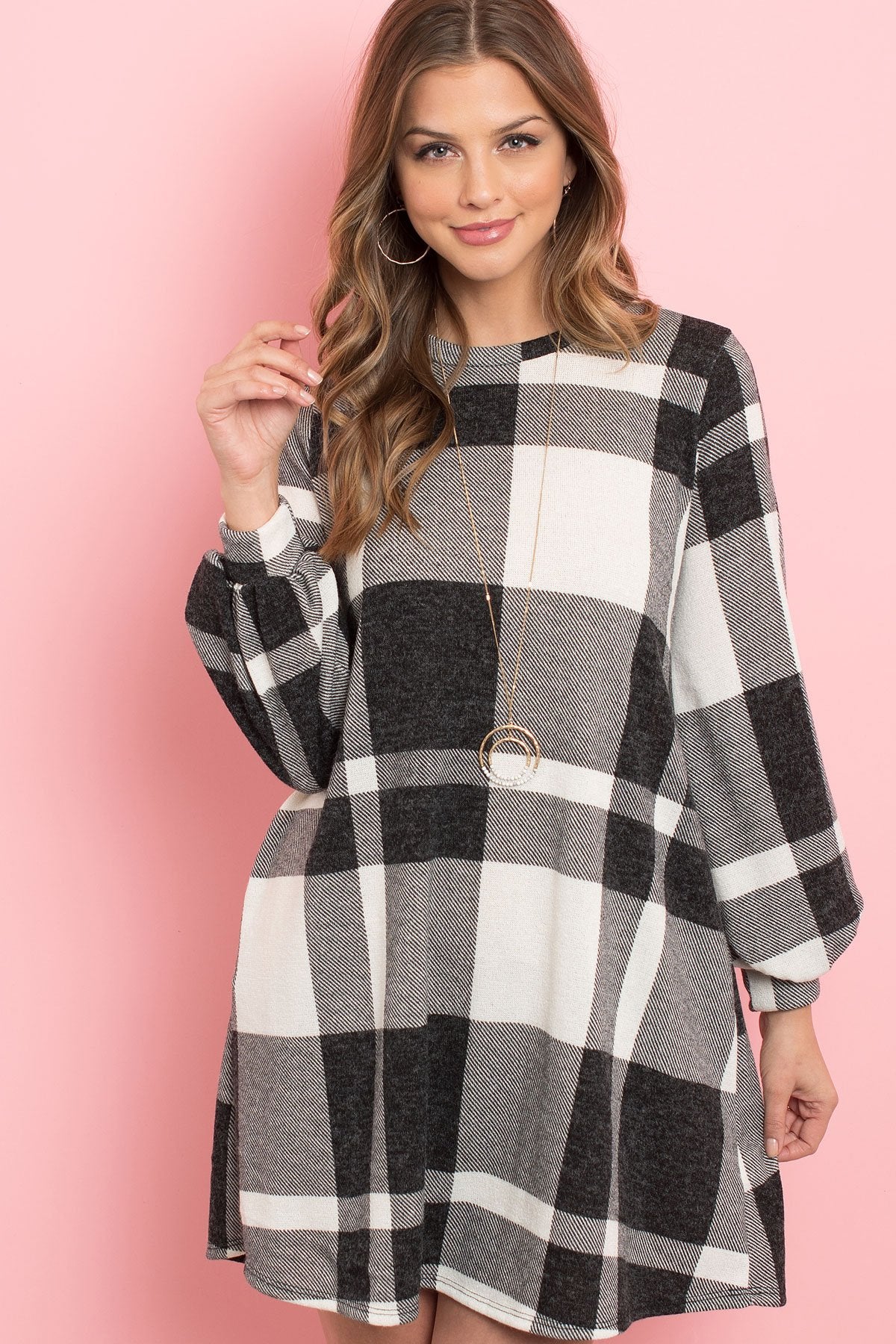 Riah Fashion - Round Neck Puff Sleeved Plaid Knee Length Dress - 3 COLORS -