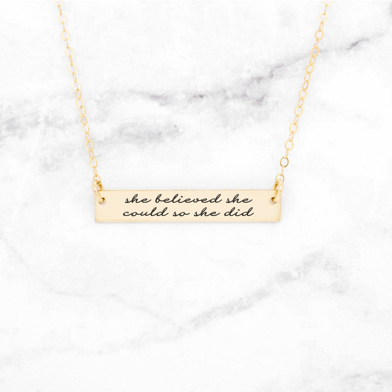 She Believed She Could So She Did - Gold Quote Bar Necklace -