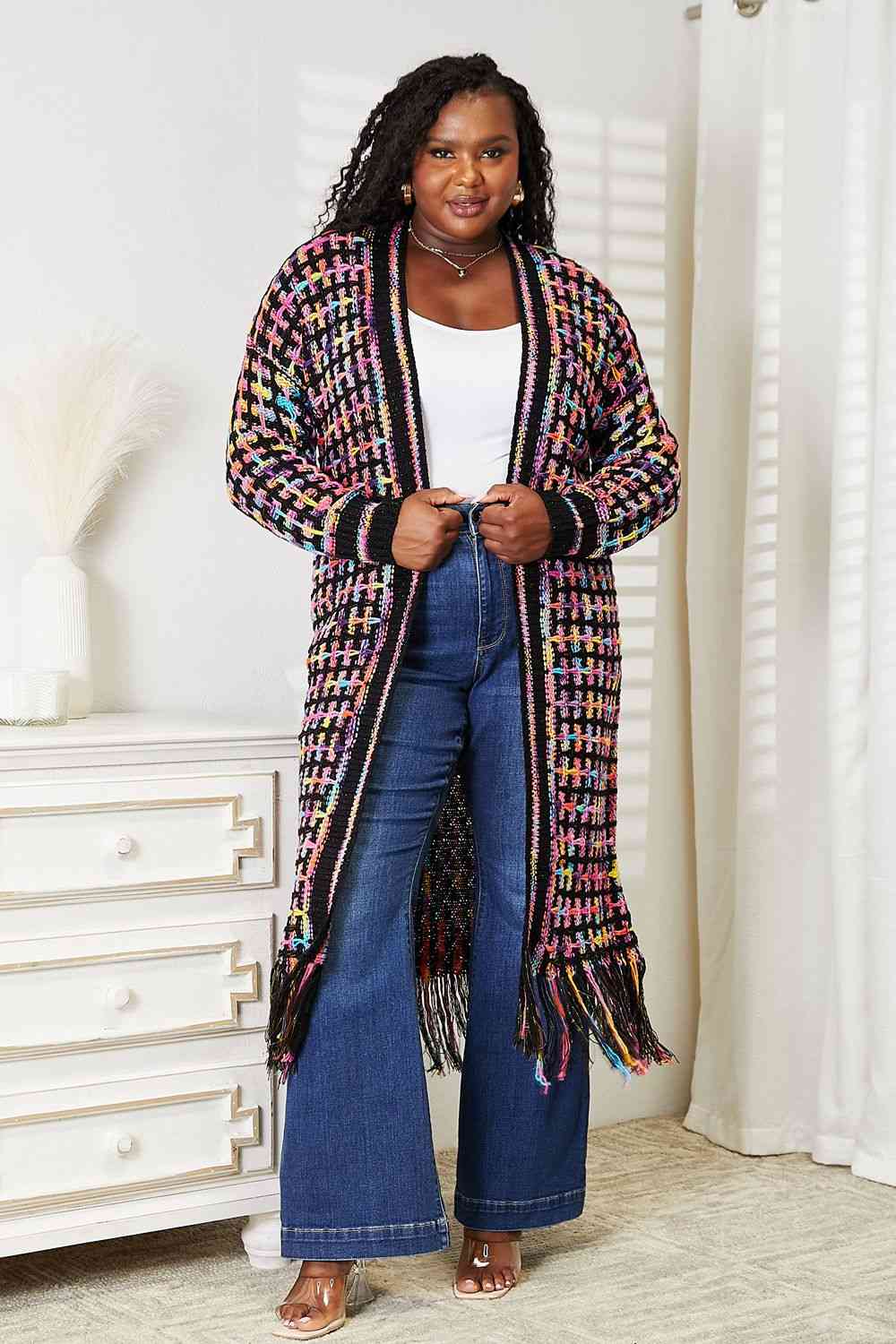 Double Take Full Size Multicolored Open Front Fringe Hem Cardigan - T - SIZES S THRU 3XL - 1 COLOR -