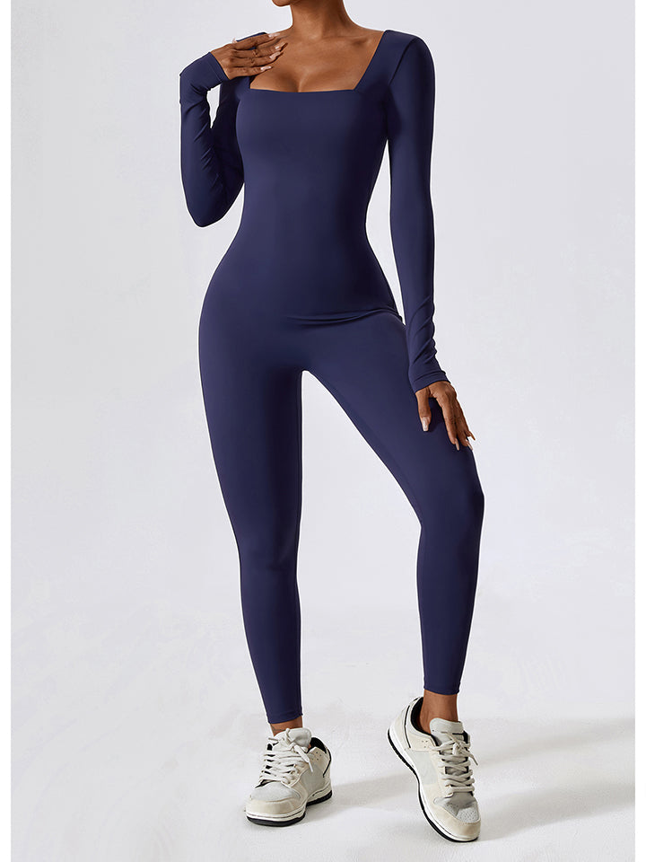 Square Neck Long Sleeve Sports Jumpsuit - T - 1 COLOR -