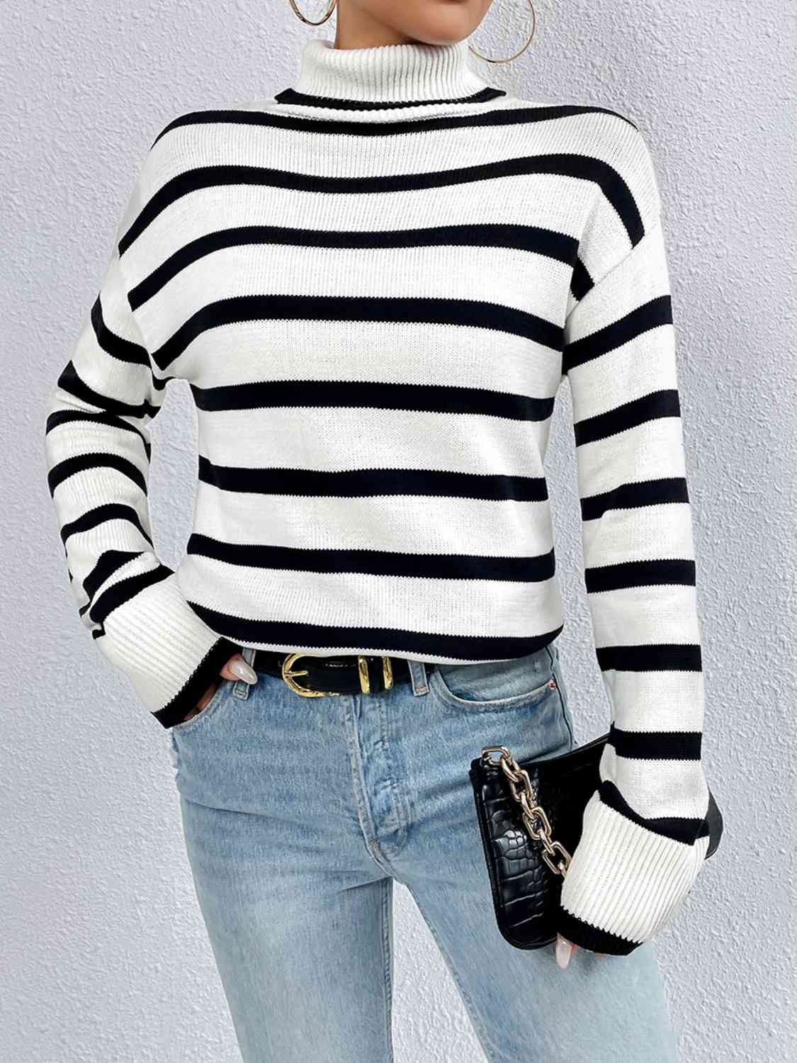 Striped Turtleneck Drop Shoulder Sweater - T - 3 COLORS -