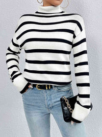 Thumbnail for Striped Turtleneck Drop Shoulder Sweater - T - 3 COLORS -