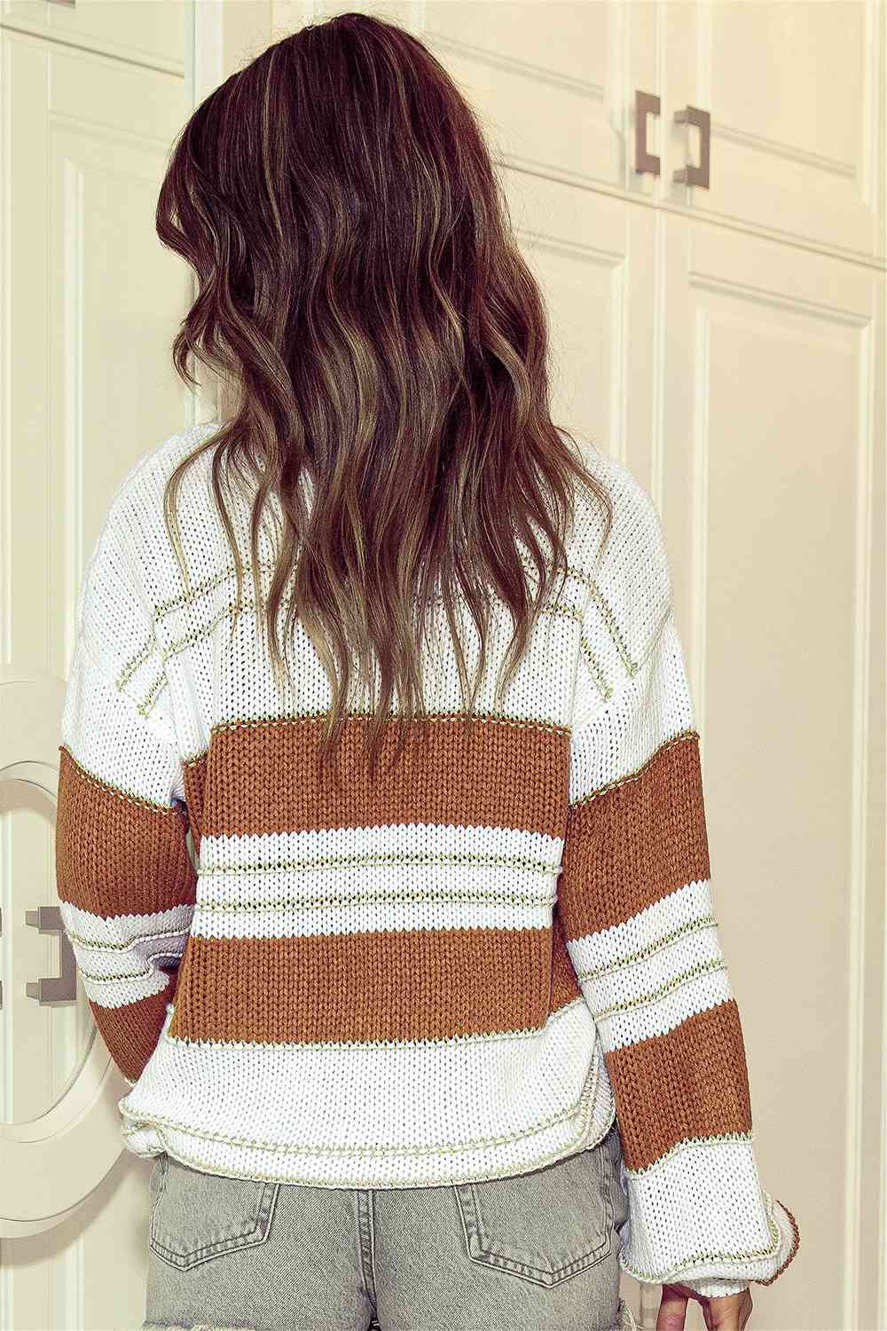 Striped Drop Shoulder Lantern Sleeve Sweater - T - 1 COLOR -