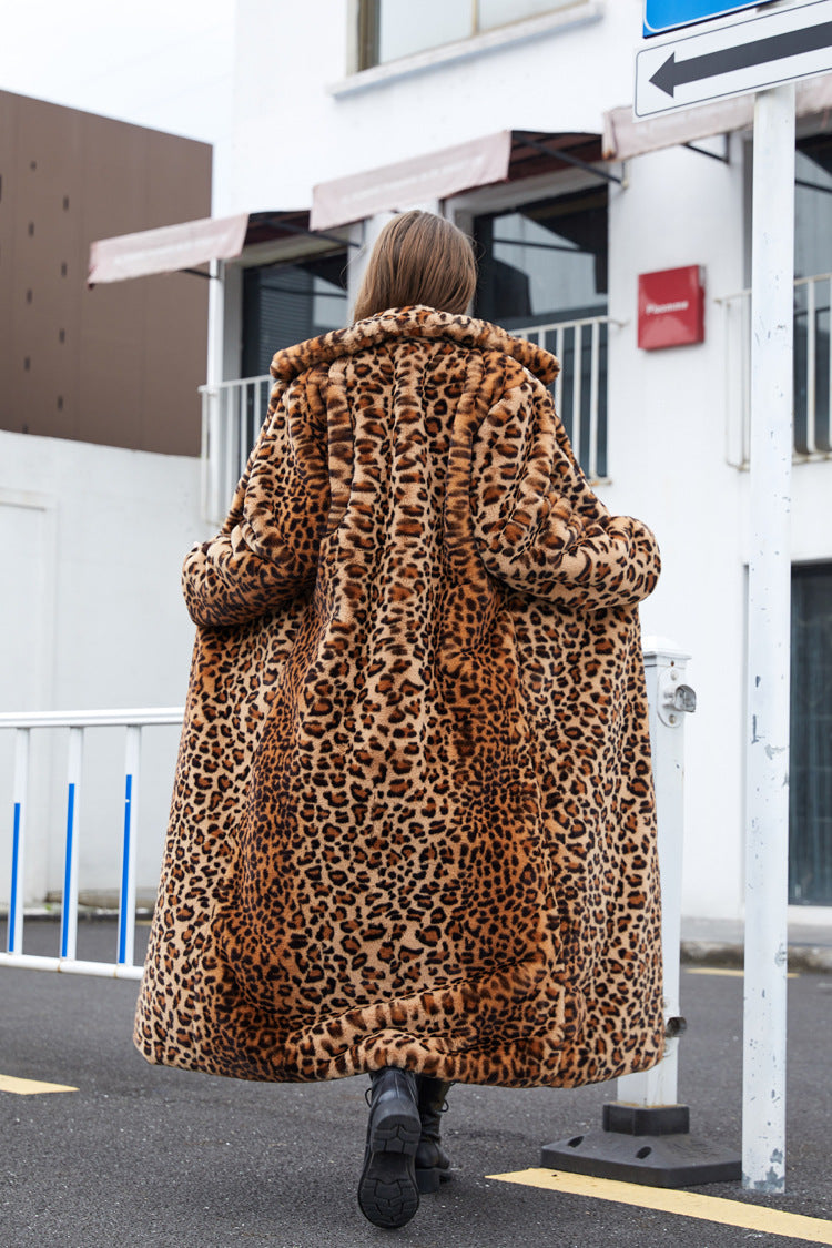 Sharon Tatem - Faux Fur - Leopard Print - Rabbit Tailored Collar - Warm Thick X-Long Coat Long Sleeve Jacket -