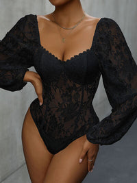 Thumbnail for Lace Balloon Sleeve Bodysuit - T - 2 COLORS -