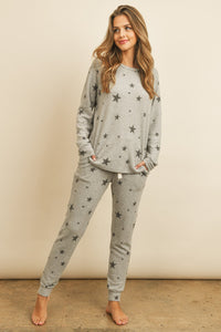 Thumbnail for Riah Fashion - Star Print Brushed Top and Joggers Set With Self Tie - 2 PCS - 1 COLOR