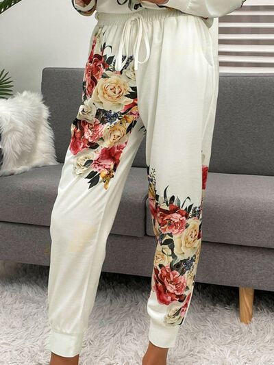 Printed Round Neck Top and Drawstring Pants Lounge Set - 2 PCS. - T - 1 COLOR -