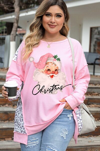 Plus Size Santa Leopard Dropped Shoulder Sweatshirt - SIZES 1XL THRU 3XL - T - 1 COLOR -