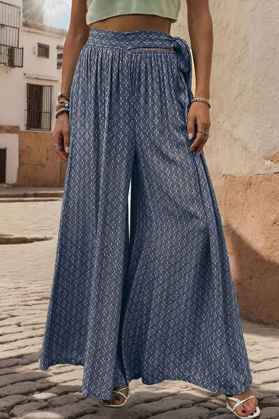 Printed Tied Wide Leg Pants - T - 3 COLORS -