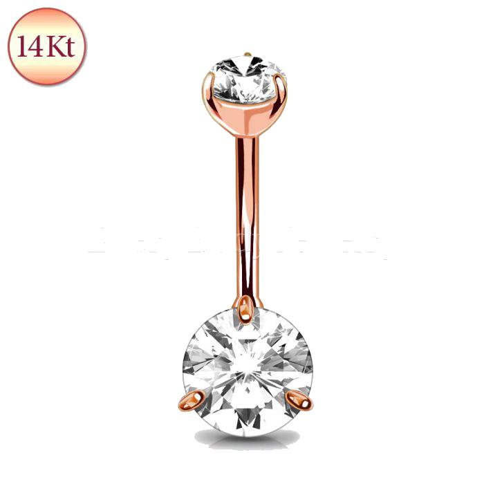 14Kt Rose Gold Navel Ring With Prong Set Clear Round CZ -