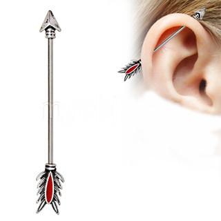 316L Stainless Steel Antique Tribal Arrow Industrial Barbell With Red Feather