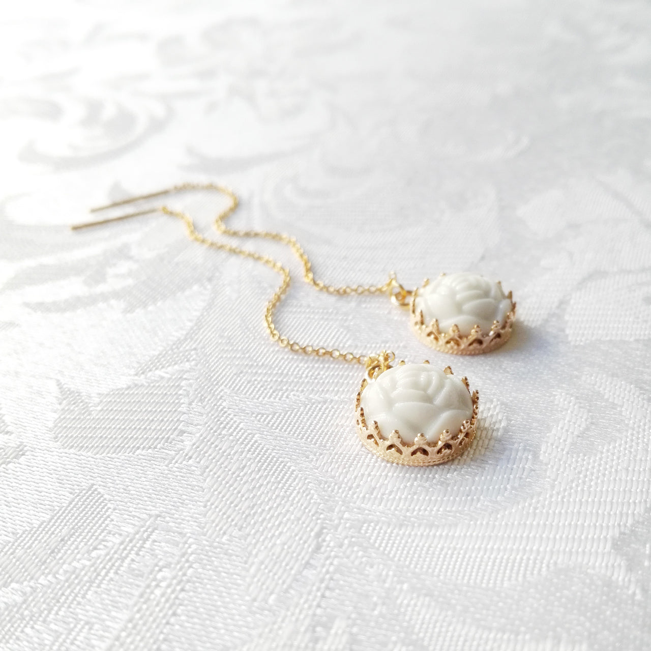 Mini Porcelain Rose With Gold-Filled Chain Earrings -