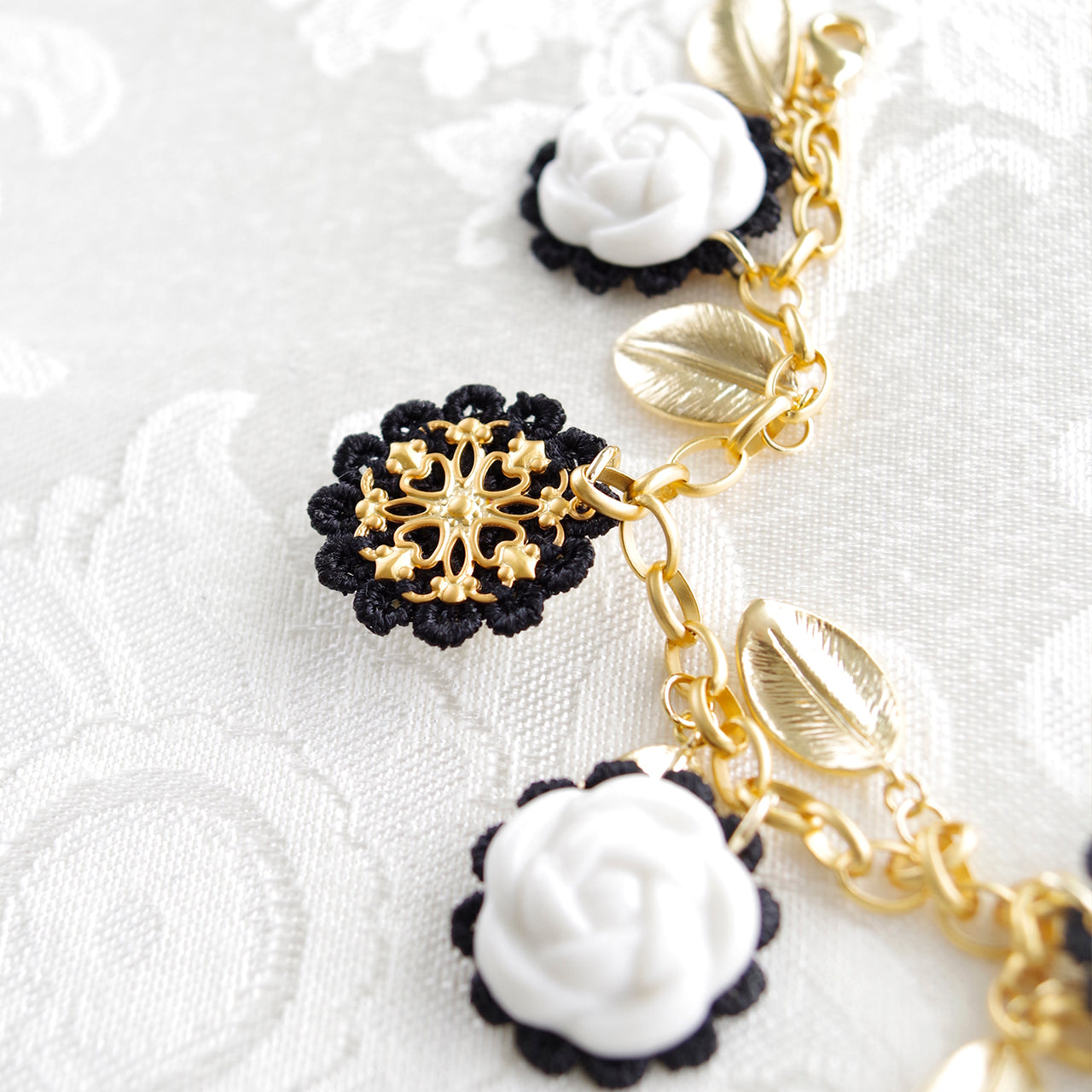 Porcelain Camellias and Golden Leaves Bracelet -