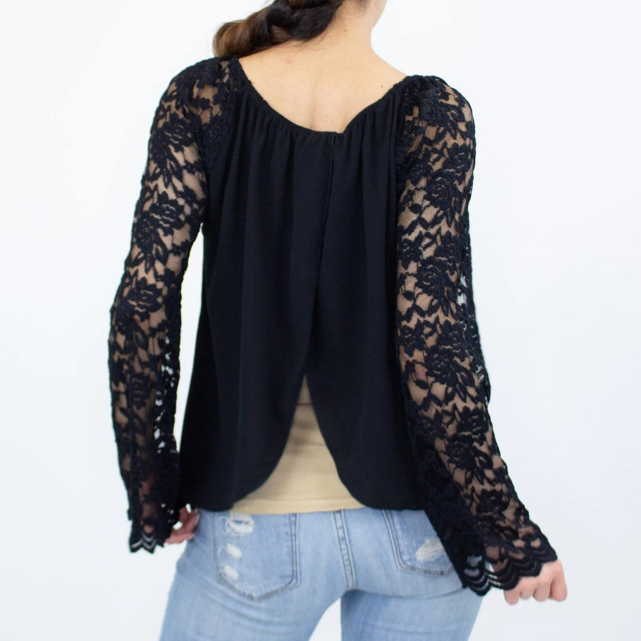 Stylespect - Lace Sleeve Backless Top - Black - 1 COLOR -