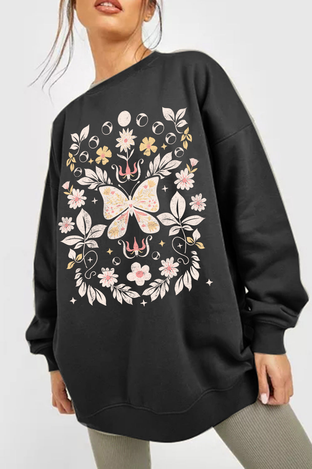 Simply Love Full Size Flower and Butterfly Graphic Sweatshirt - T - 1 COLOR -