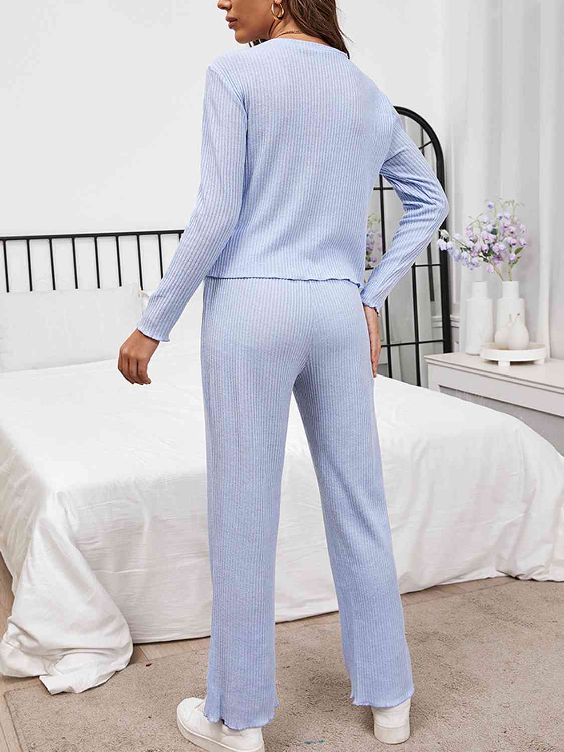 Round Neck Long Sleeve Top and Drawstring Pants Lounge Set - 2 PCS. - T - 3 COLORS -