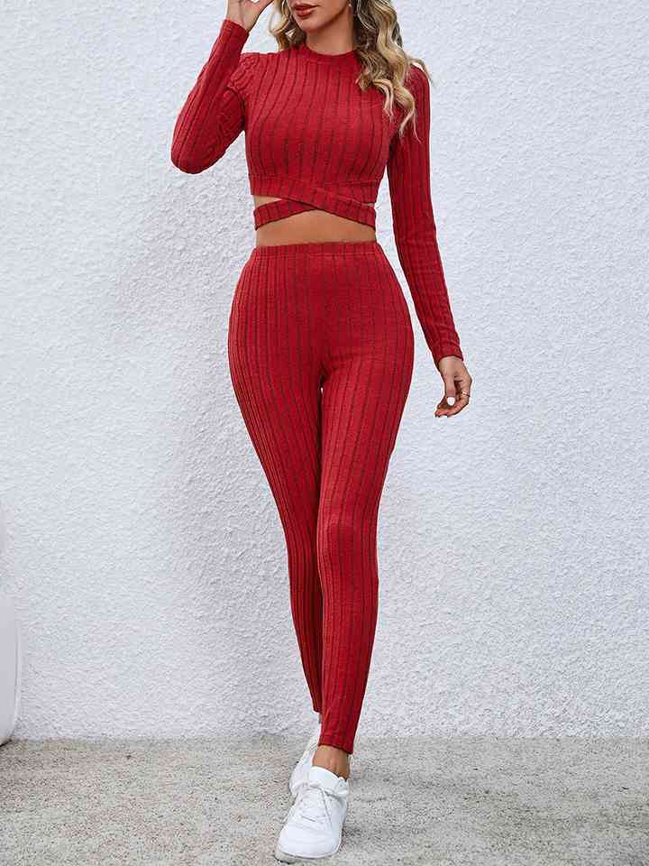 Crisscross Knit Top and Leggings Set - 2 PCS. - T - 3 COLORS -