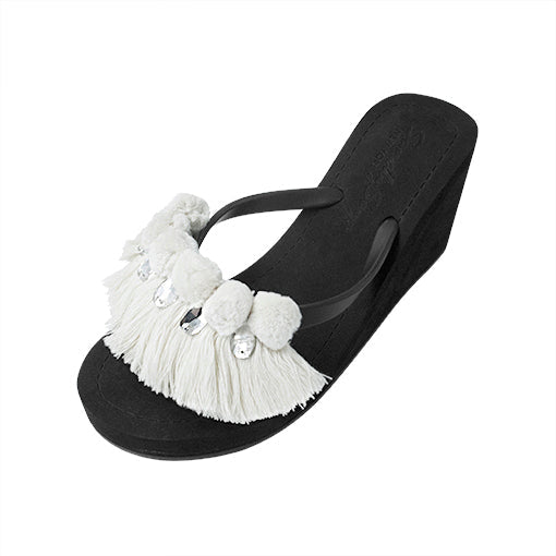 SAND BY SAYA N.Y. - White Pom Pom Fringe - Women's High Wedge - 3 COLORS -