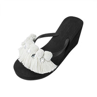 Thumbnail for SAND BY SAYA N.Y. - White Pom Pom Fringe - Women's High Wedge - 3 COLORS -