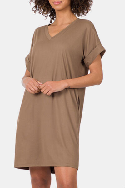 Zenana Rolled Short Sleeve V-Neck T Dress - T - 1 COLOR -