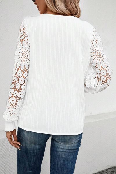 Lace Detail V-Neck Long Sleeve Blouse - T - 1 COLOR -