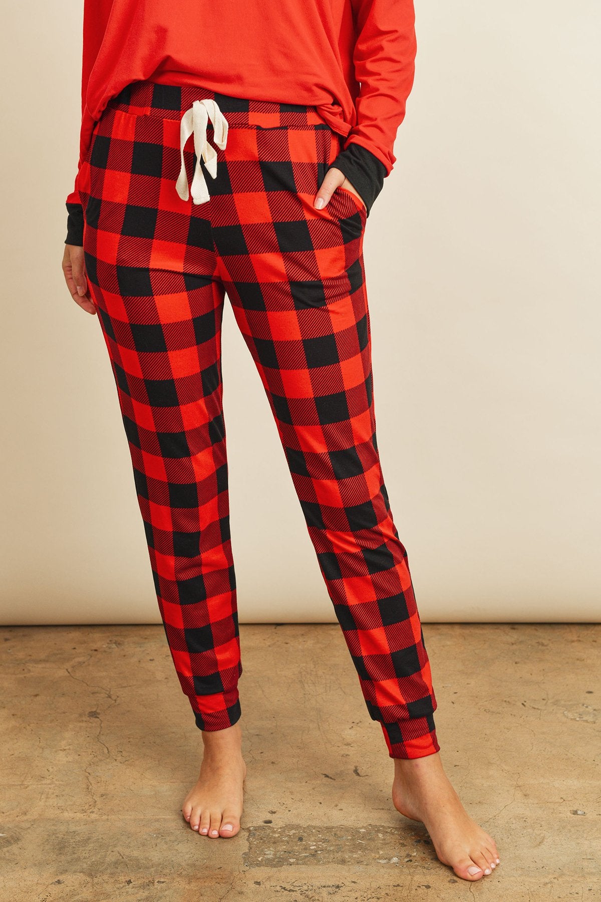 Riah Fashion - Solid Top and Plaid Joggers Set With Self Tie - 2 PCS. - 1 COLOR -