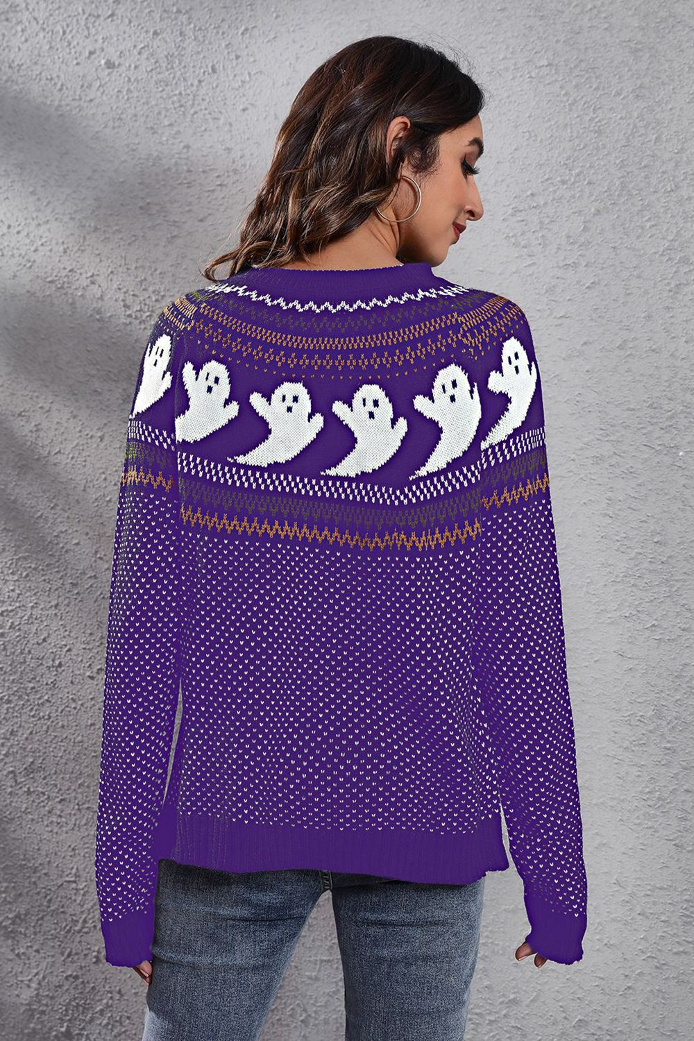 Ghost Pattern Round Neck Long Sleeve Sweater - T - 7 COLORS -