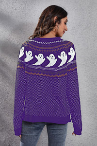 Thumbnail for Ghost Pattern Round Neck Long Sleeve Sweater - T - 7 COLORS -