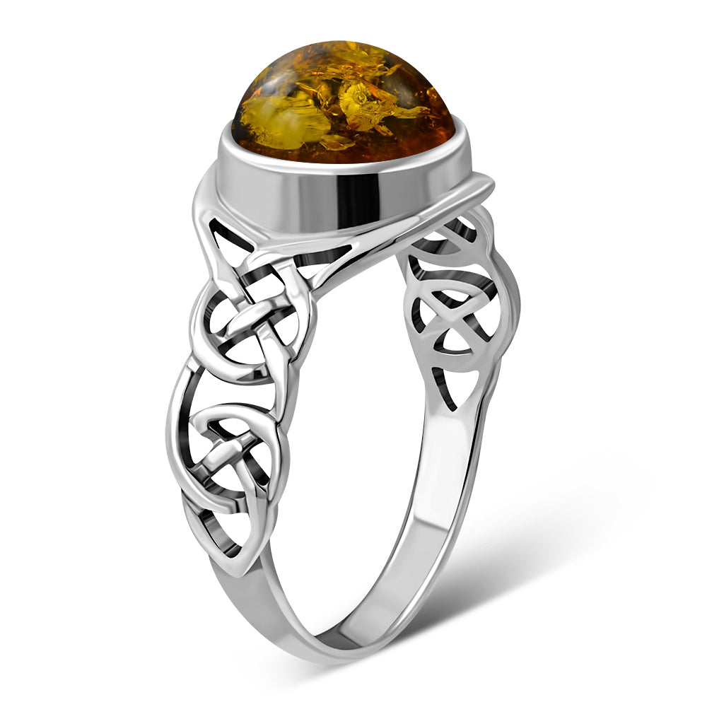 Creidne - Baltic Amber Celtic Sterling Silver Ring - 7 SIZES -