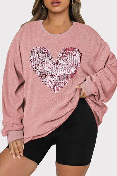 Plus Size Heart Sequin Round Neck Sweatshirt - SIZES 1XL THRU 3XL - T - 3 COLORS -