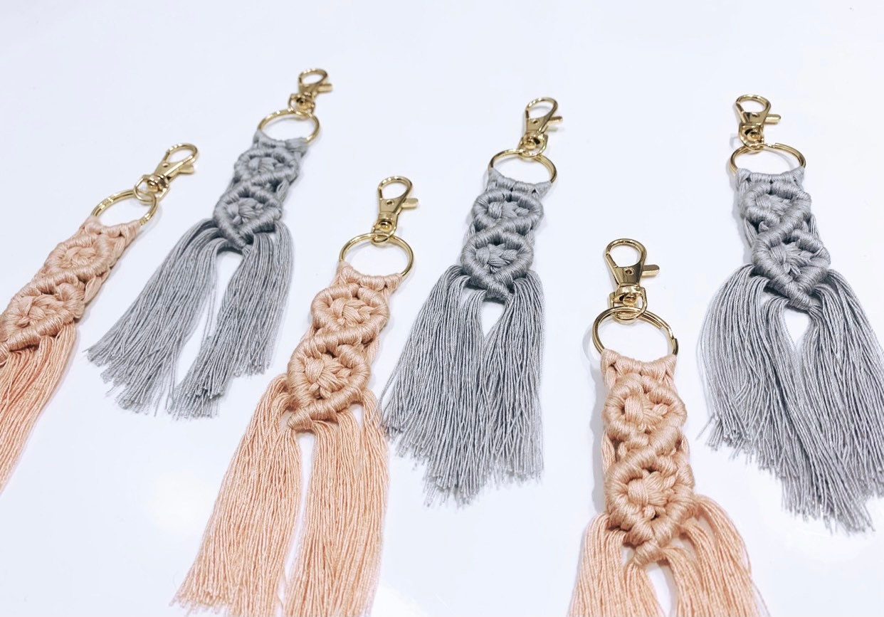 Wood Natural Creations - Macrame Keychains | Boho Keychains Blue Pink | Boho Macrame Keychains  | Bag Charm | Gifts for Her - APPX' 5.5" - 2 COLORS -