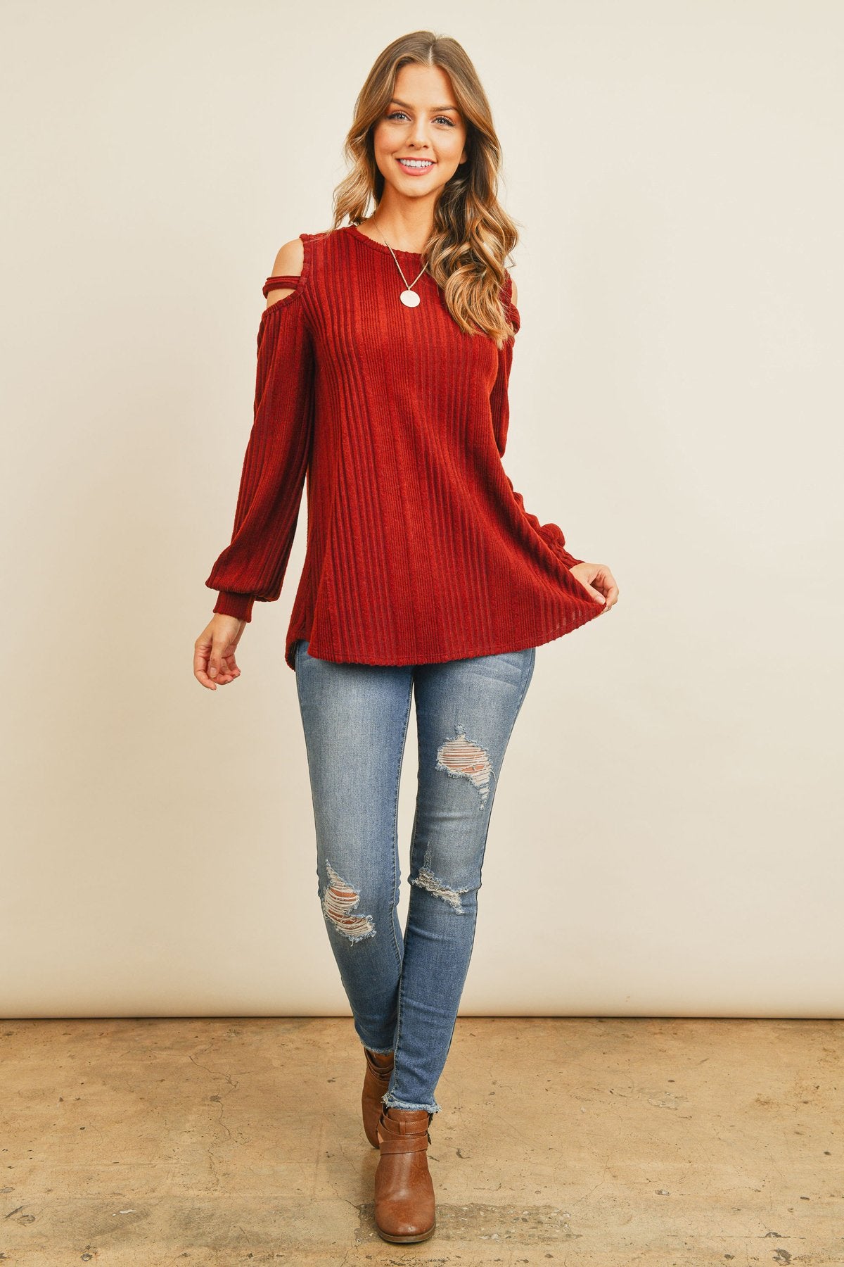 Riah Fashion - Ladder Open Shoulder Long Sleeved Rib Detail Top - 4 COLORS -