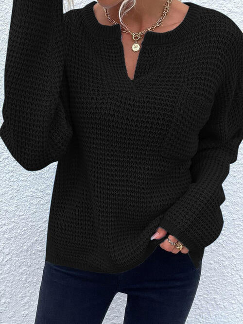 Notched Long Sleeve Sweater - T - 6 COLORS -