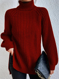 Thumbnail for Full Size Turtleneck Rib-Knit Slit Sweater - T - 12 COLORS -