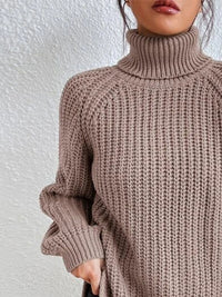 Thumbnail for Full Size Turtleneck Rib-Knit Slit Sweater - T - 12 COLORS -