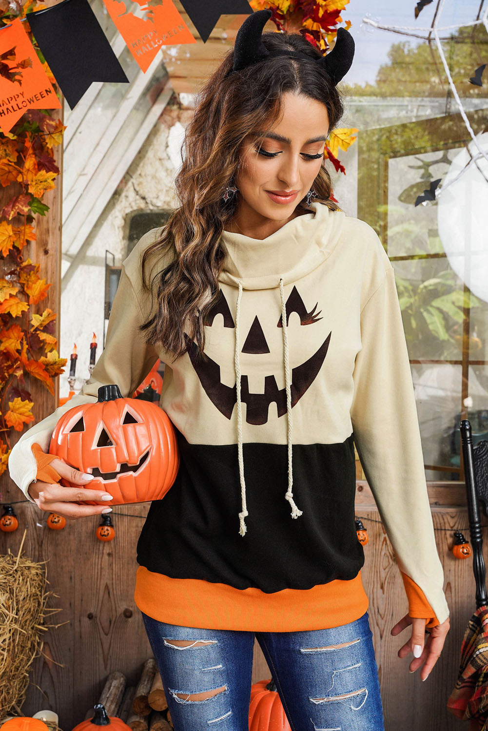 Long Sleeve Jack-O'-Lantern Graphic Sweatshirt - T - 2 COLORS -