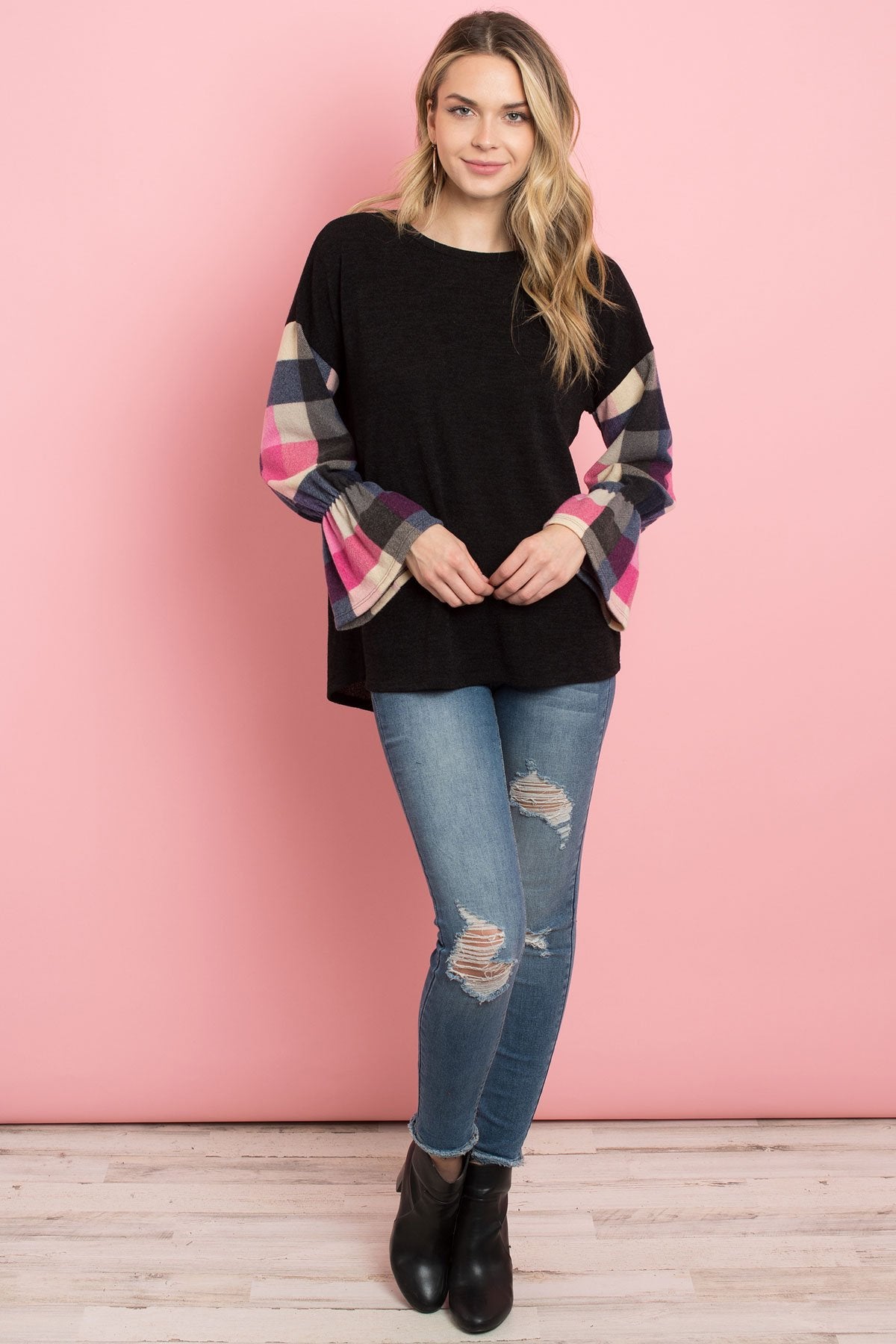 Riah Fashion - Plaid Bell Sleeves Mier Sweater - 2 COLORS -