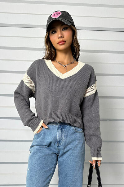 Contrast Openwork Long Sleeve V-Neck Sweater - T - 1 COLOR -