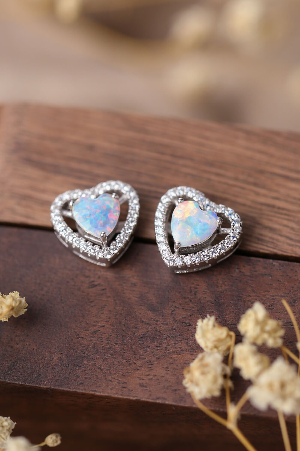 925 Sterling Silver Opal Heart Stud Earrings - T - 2 COLORS -