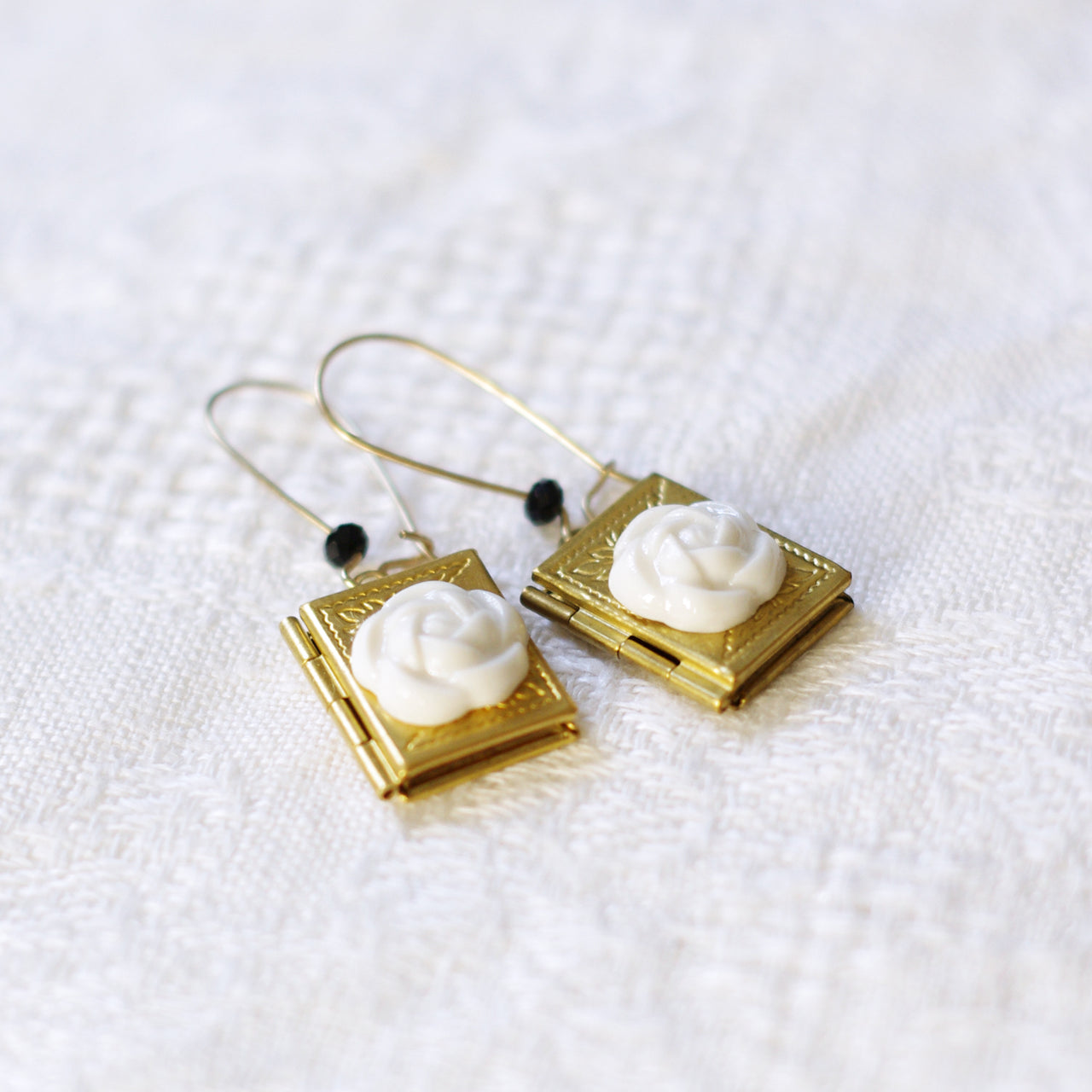 Porcelain Camellia Yellow Brass Book Locket Earrings -