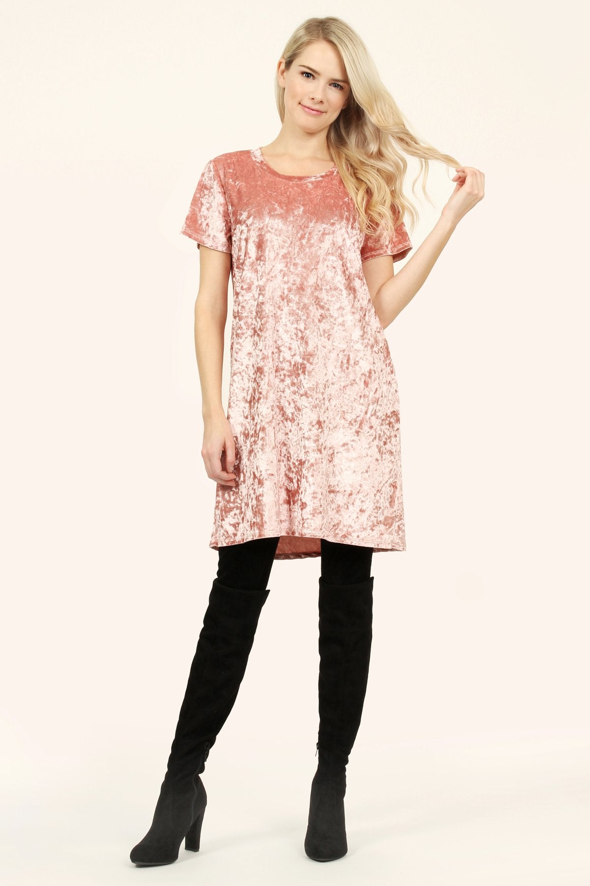 Riah Fashion - Short Sleeve Crushed Velvet Tunic Dress - 11 COLORS -