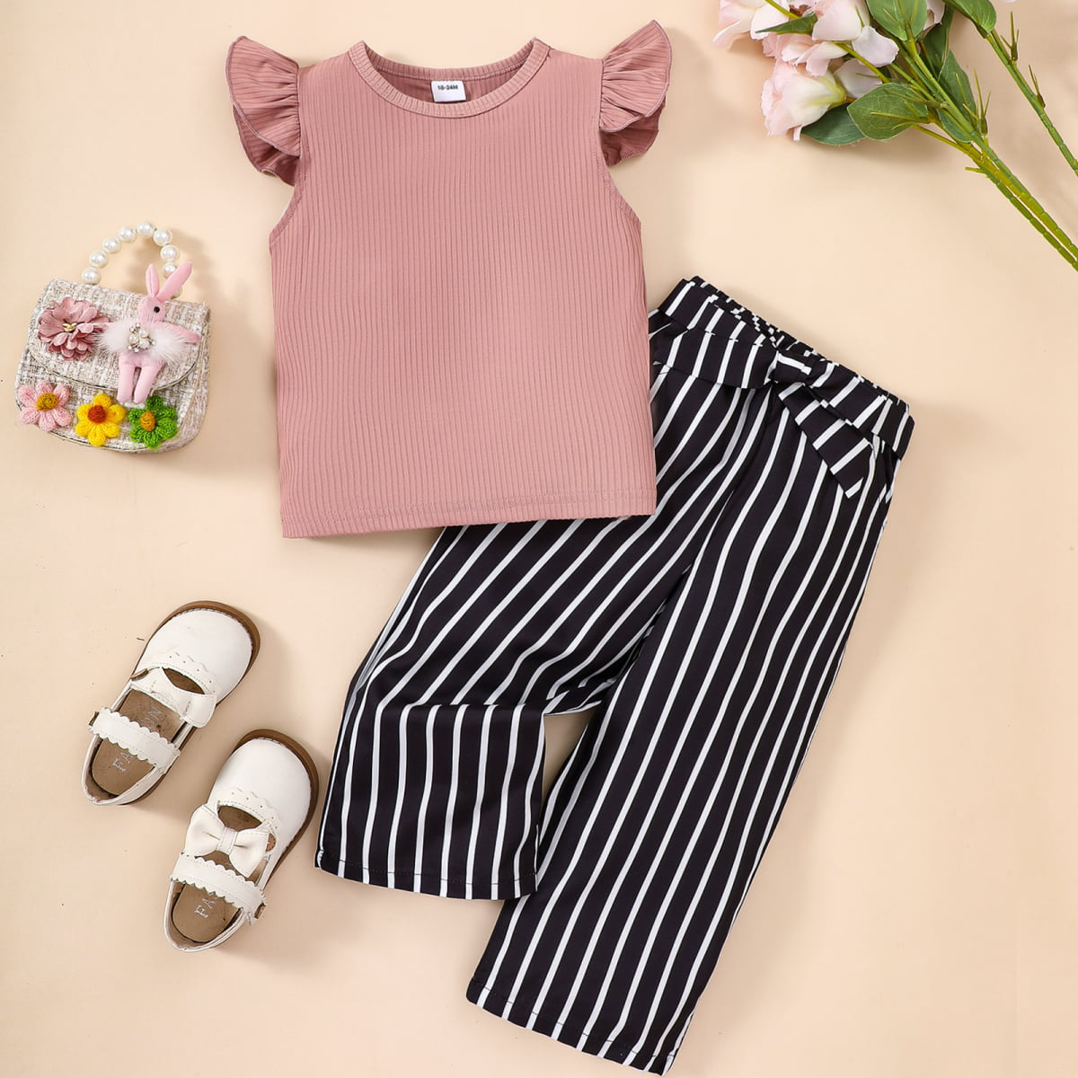 Round Neck Butterfly Sleeve Top and Striped Pants Set - 2 PCS. - T - 1 COLOR COMBO -