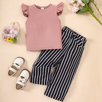 Thumbnail for Round Neck Butterfly Sleeve Top and Striped Pants Set - 2 PCS. - T - 1 COLOR COMBO -